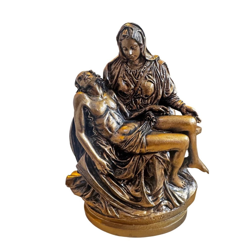 Eternal Reflections Pieta Statue Bronze Gold Hand Crafted Religious Sculpture 7"